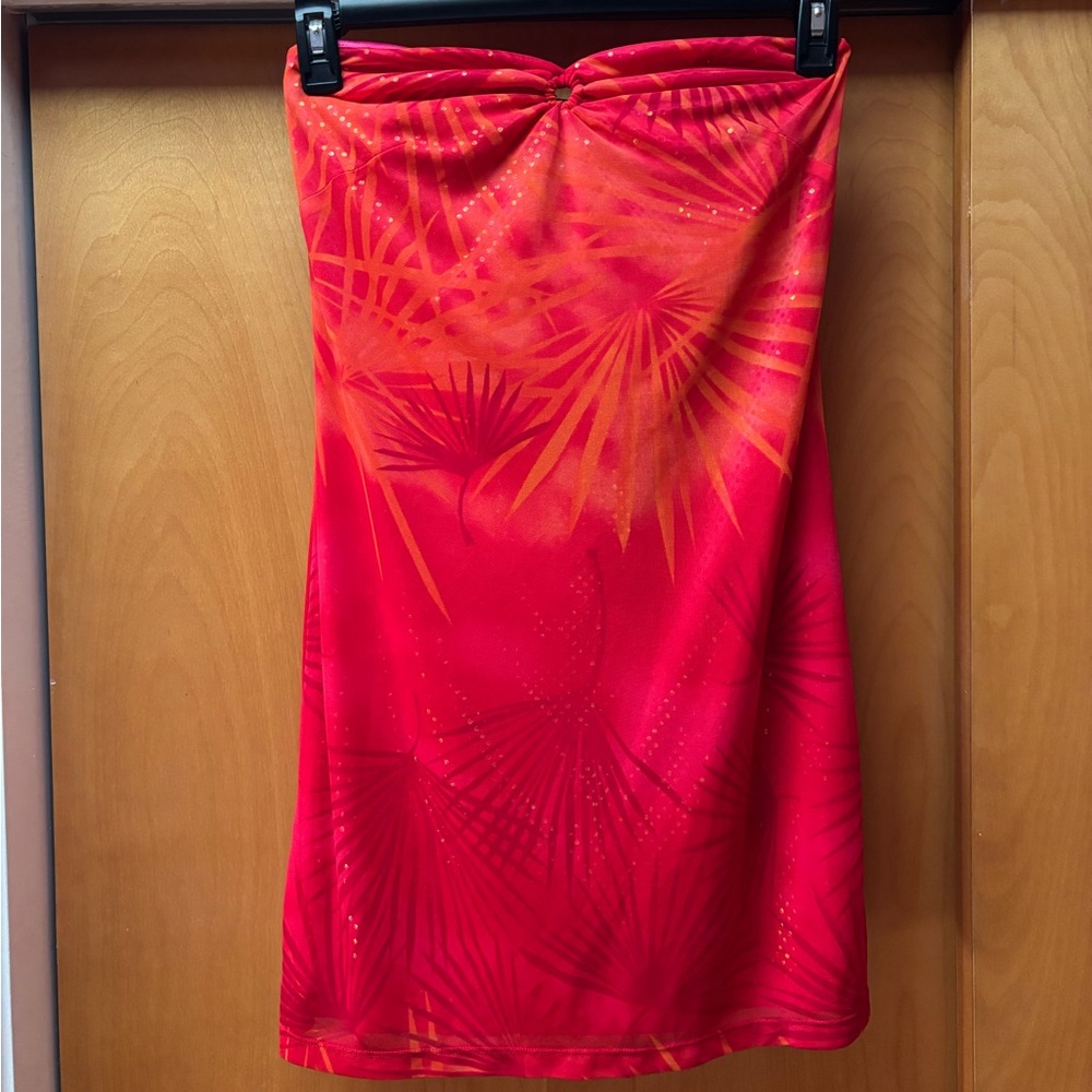 Y2K Vintage Express Mini Red Strapless Sparkly Tropical Dress